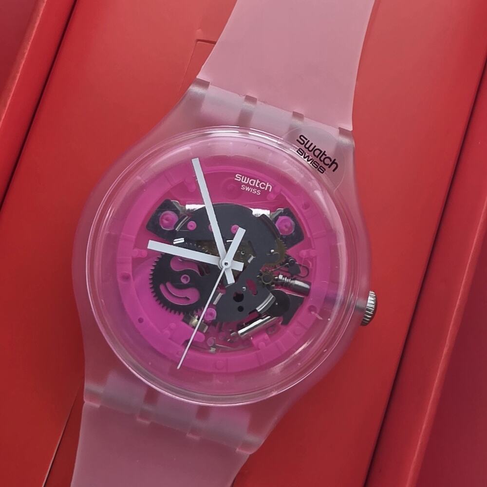 Swatch Pink Transparent Dial Pink Silicone Strap Watch - Picture 8 of 12